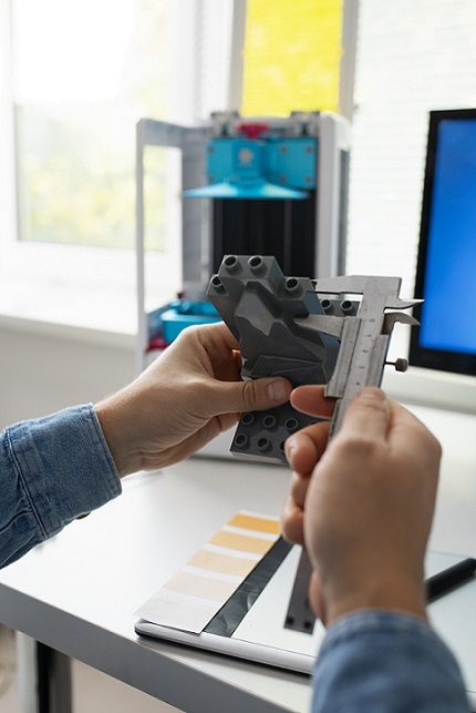 3D nyomtatott műanyag alkatrész méretellenőrzése digitális tolómérővel, háttérben 3D nyomtató