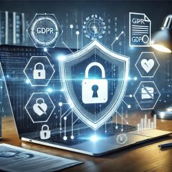 Adatvédelem és jogszabályi megfelelés: pajzs ikon lakattal, GDPR és biztonsági figyelmeztetésekkel.